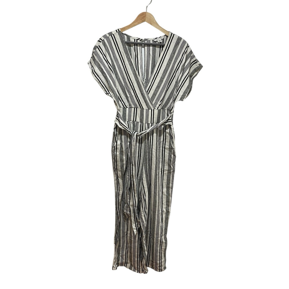 American Eagle Jumpsuit Women's Small Striped Short Sleeve Deep V Neck Tie Waist
